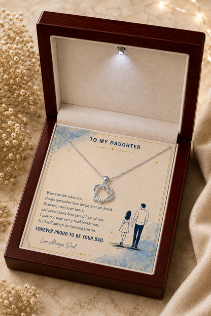Silver-tone daughter heart necklace presented with sentimental message card