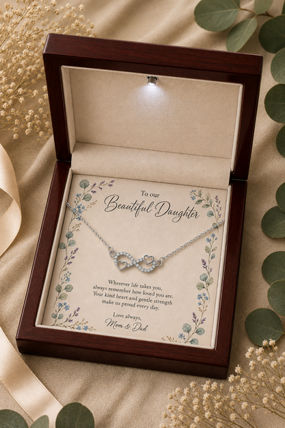 Silver-tone daughter infinity necklace displayed in premium jewelry gift box