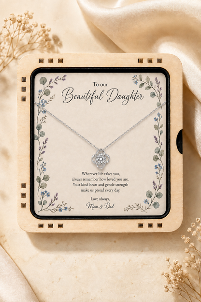 Silver-tone daughter jewelry with heartfelt Mom and Dad message