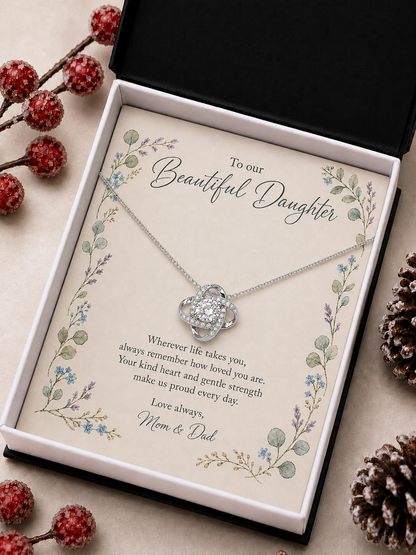 Silver-tone daughter knot pendant necklace with floral bordered message card