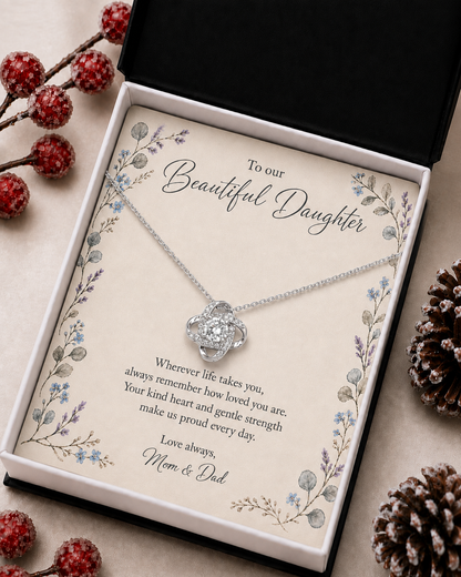Silver-tone daughter necklace with Beautiful Daughter floral card