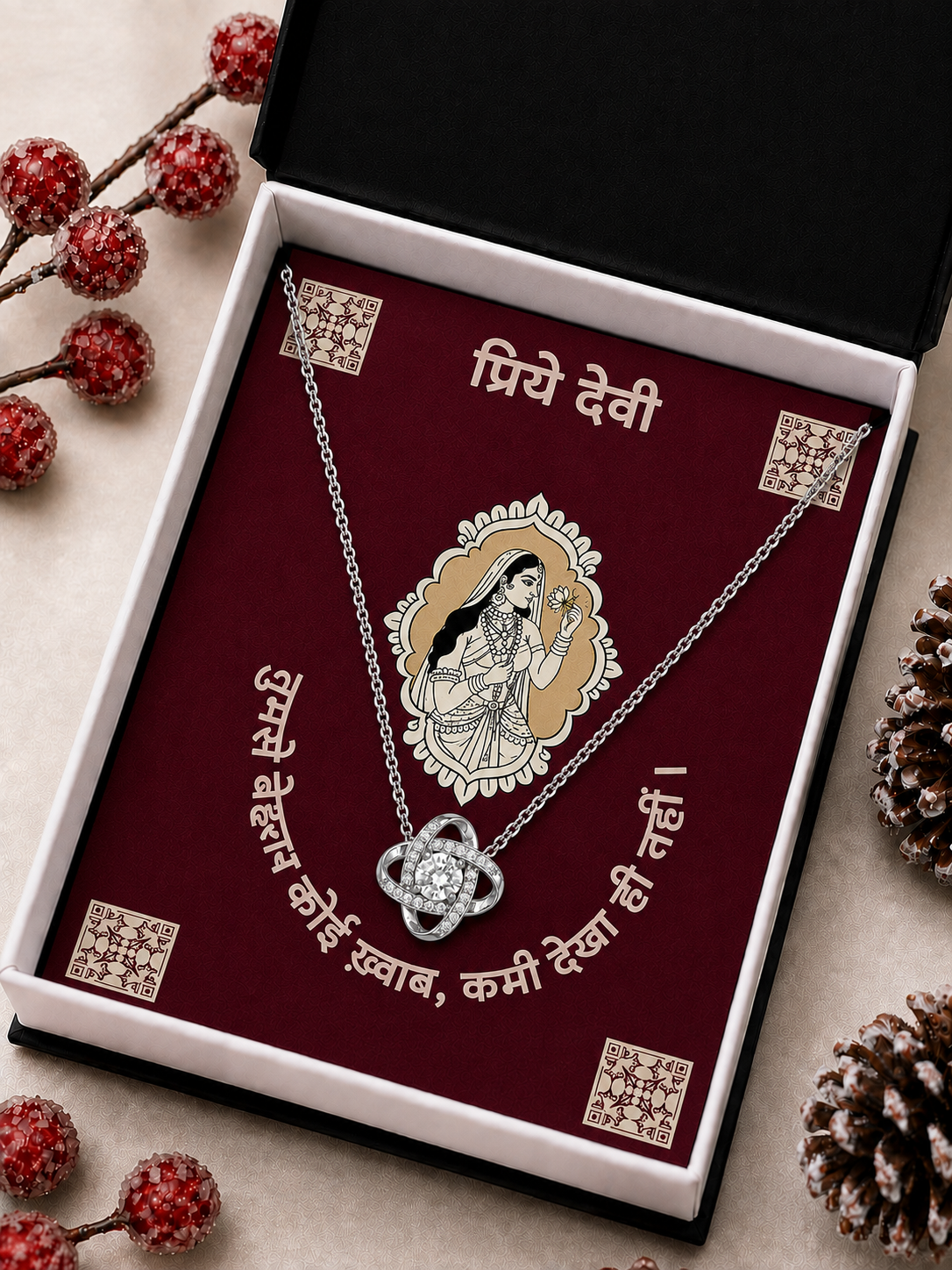 Silver-tone Devi knot pendant necklace with crystal-style accents and Hindi message card
