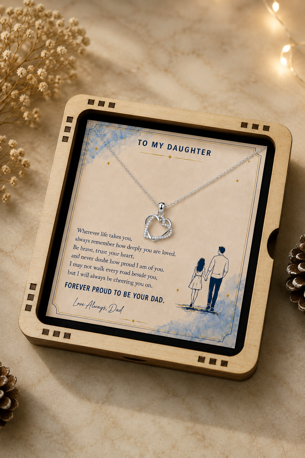Silver-tone double heart pendant necklace with daughter message card