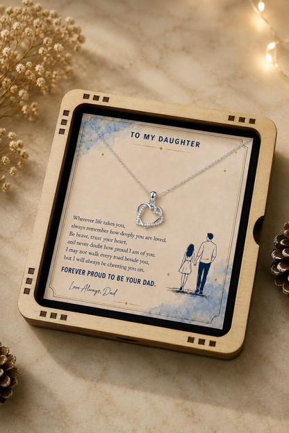 Silver-tone double heart pendant necklace with daughter message card