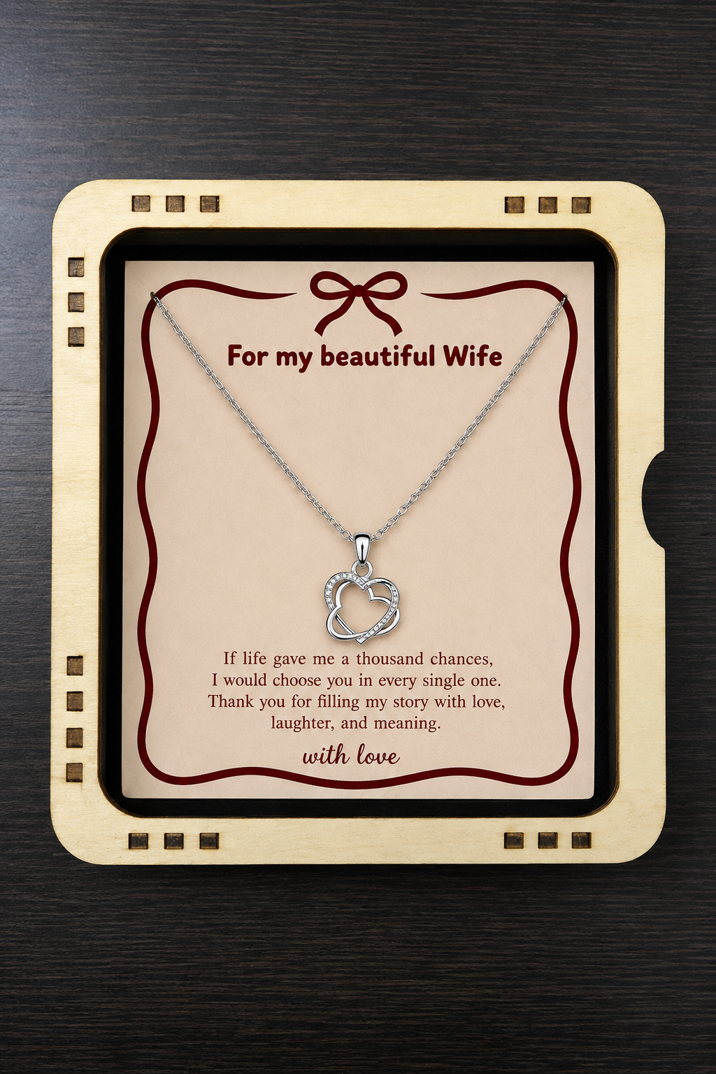 Silver-tone double heart pendant necklace displayed with wife gift message