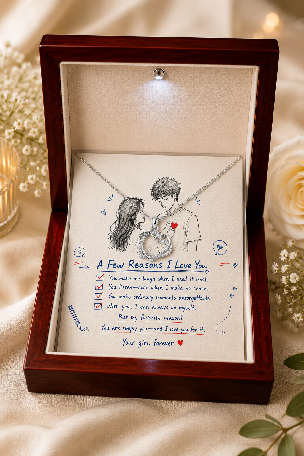 Silver-tone girlfriend necklace with illustrated love message card