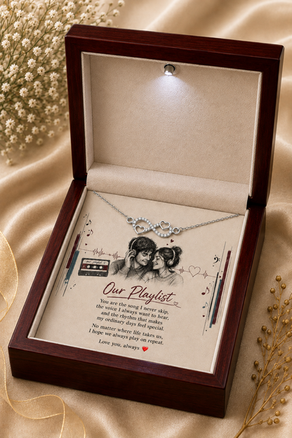 Silver-tone heart infinity necklace displayed in black jewelry presentation box