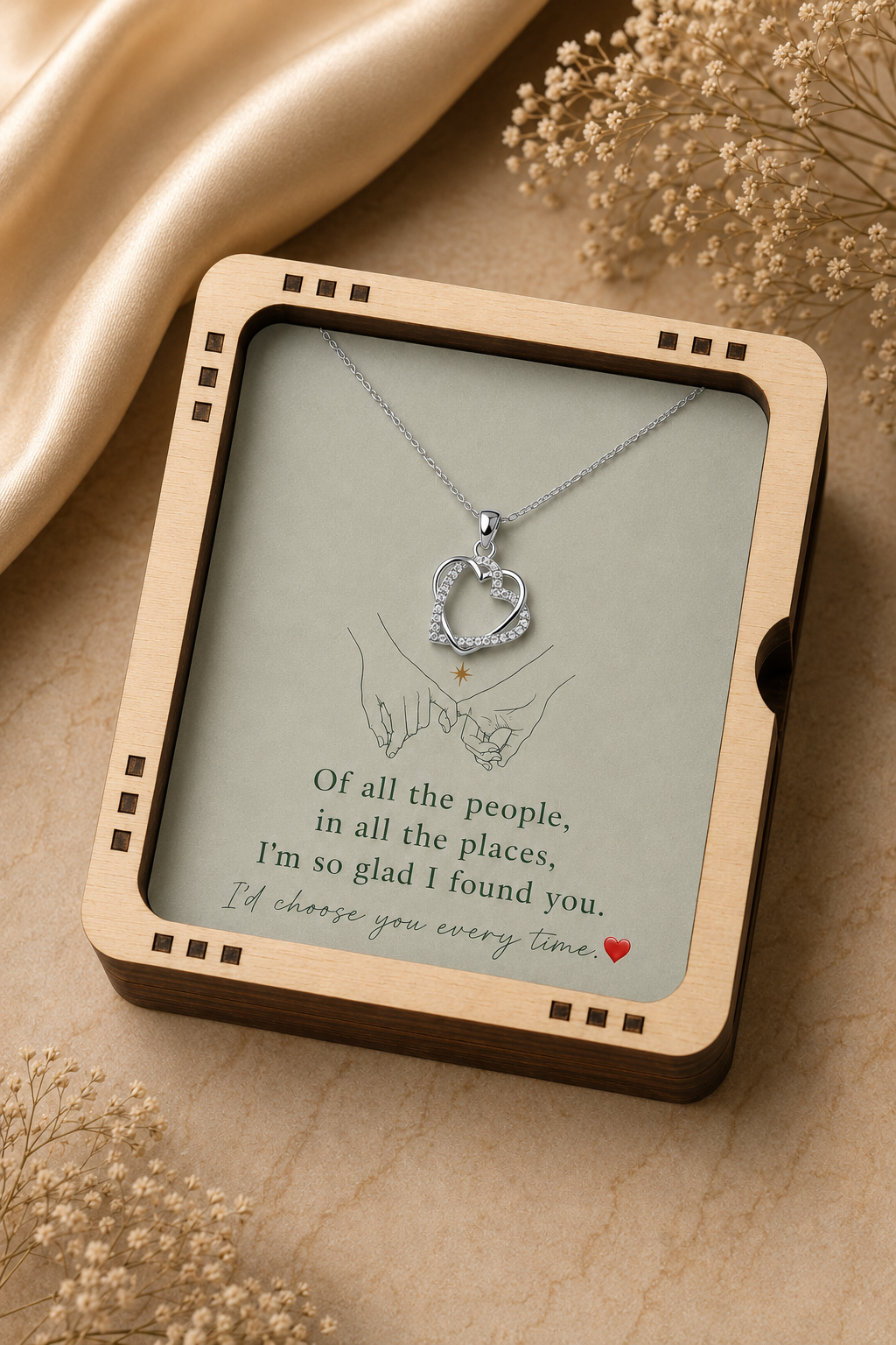 Silver-tone heart necklace gift box with message card