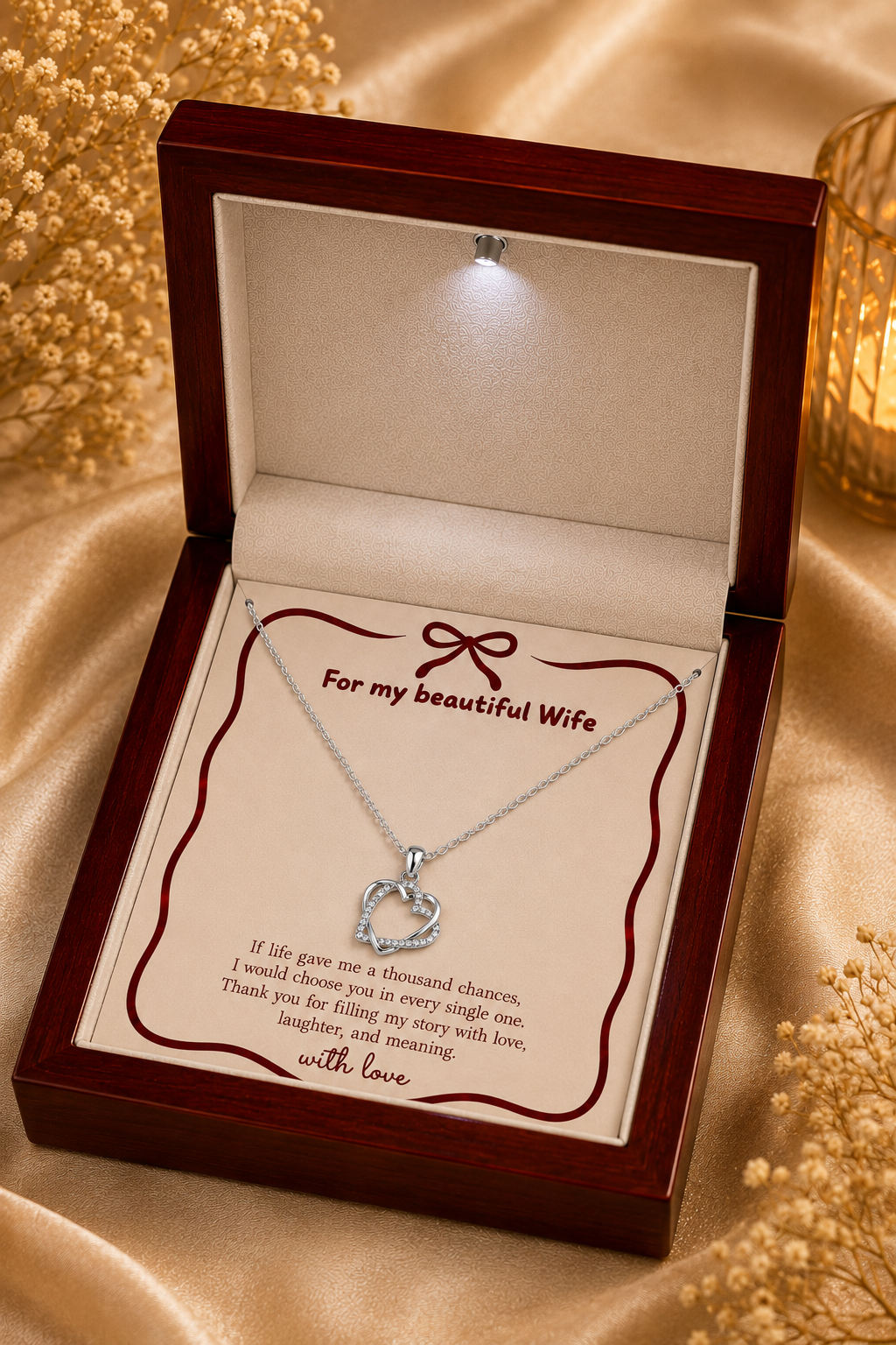 Silver-tone heart necklace in illuminated LED wooden gift box for wife