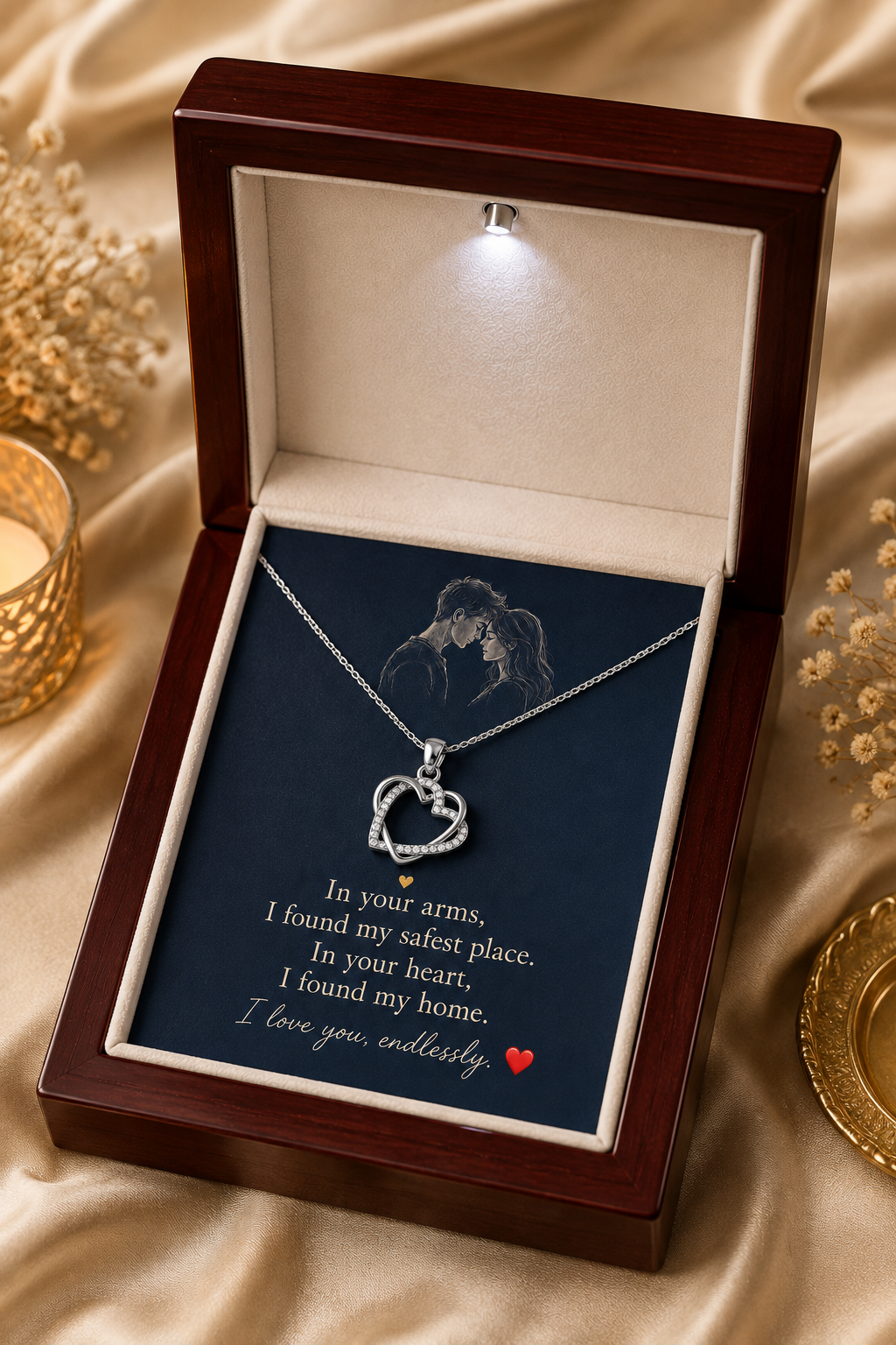 Silver-tone heart necklace in wooden presentation box with message card