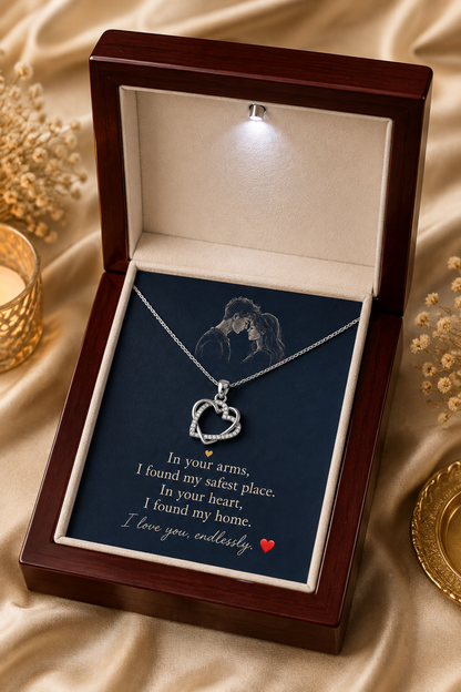 Silver-tone heart necklace in wooden presentation box with message card