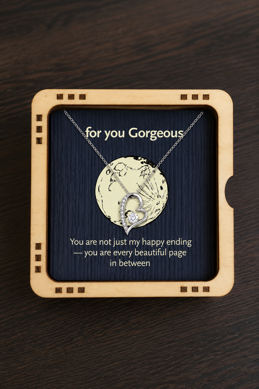 Silver-tone heart pendant necklace in premium wooden gift box with message card