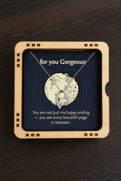 Silver-tone heart pendant necklace in premium wooden gift box with message card