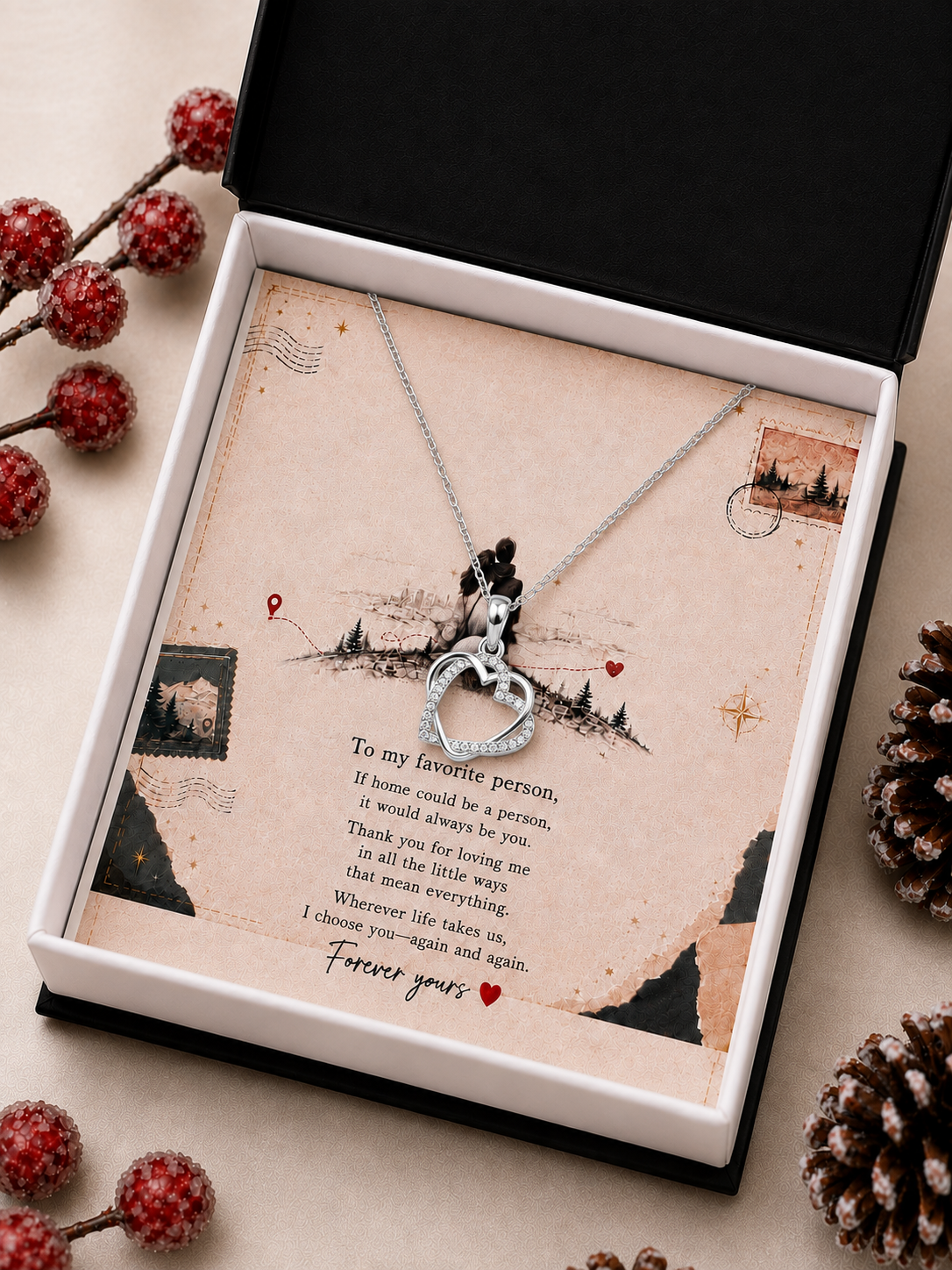 Silver-tone heart pendant necklace with heartfelt message card