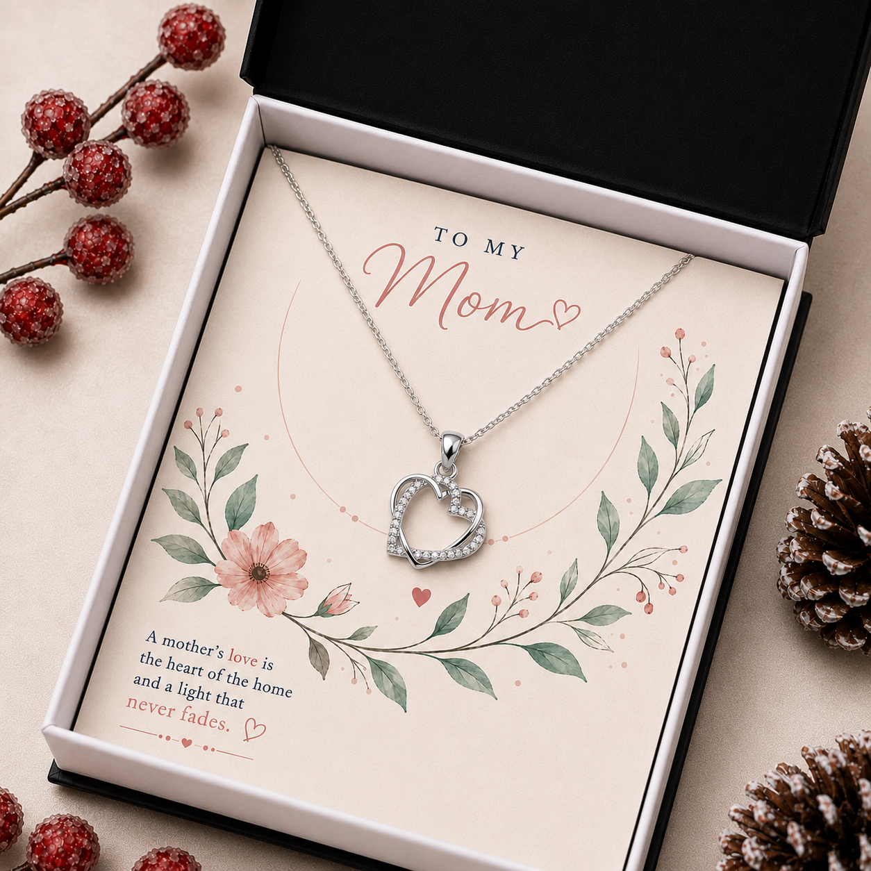 Silver-tone heart pendant necklace for Mom with message card