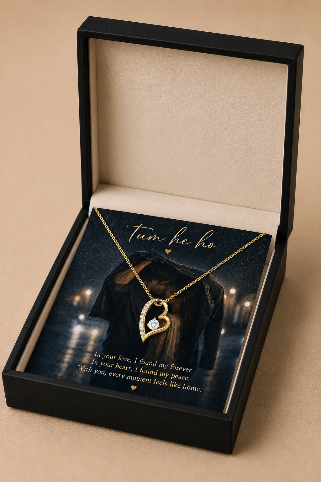 Heart necklace displayed inside elegant wooden gift box