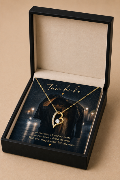 Heart necklace displayed inside elegant wooden gift box