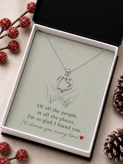 Silver-tone heart pendant necklace with romantic card