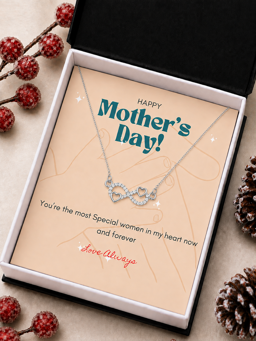 Silver-tone infinity pendant with hearts and clear crystal-style stone accents