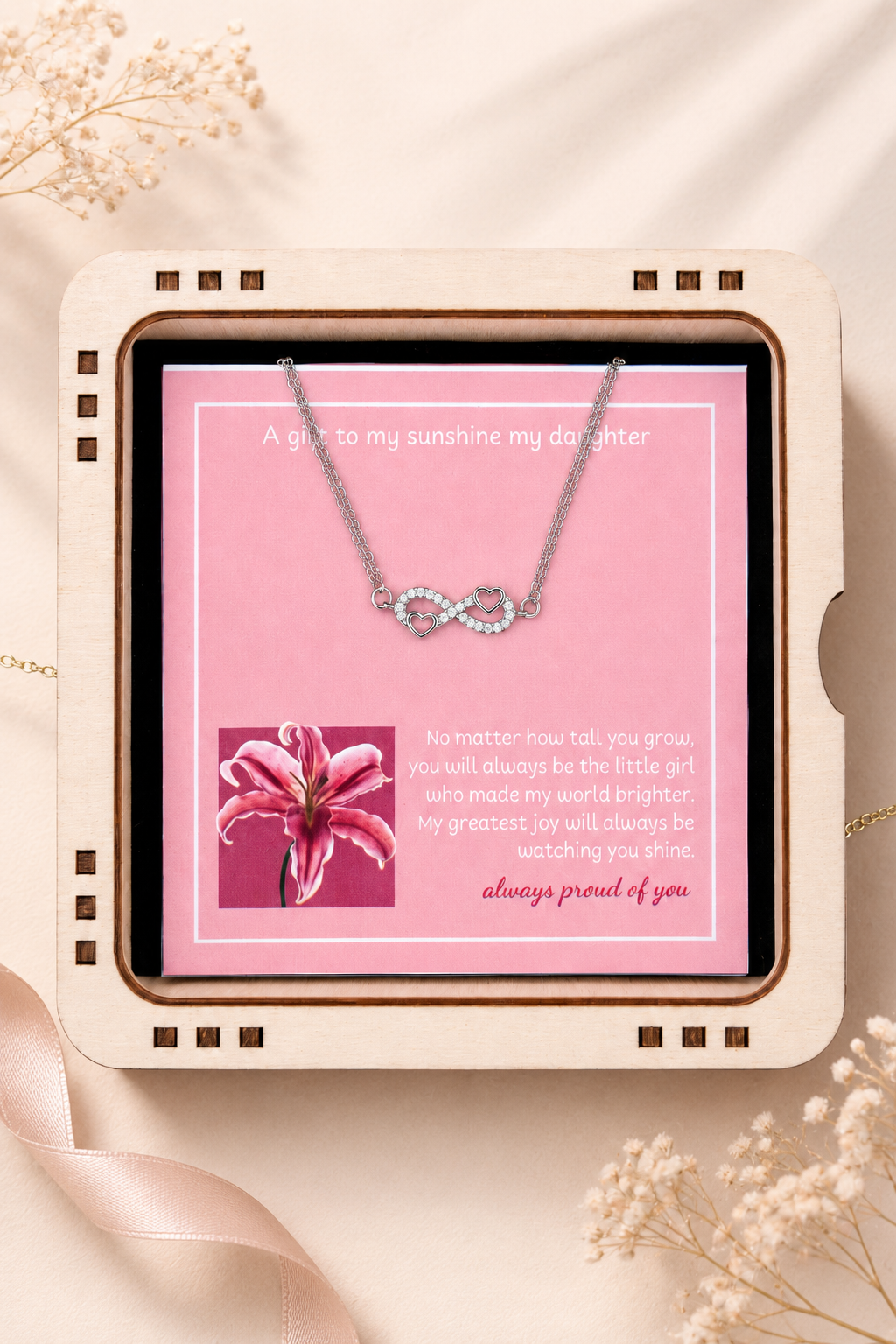 Silver-tone infinity heart necklace gift for daughter with clear stone accents