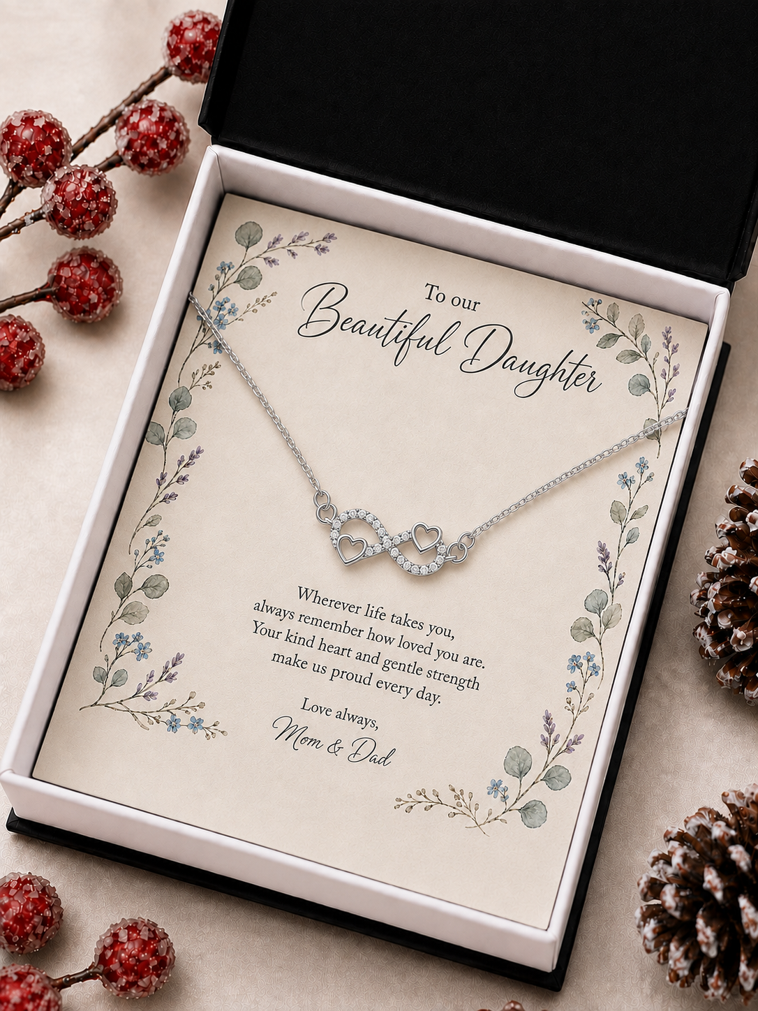 Silver-tone infinity heart necklace with message card for daughter