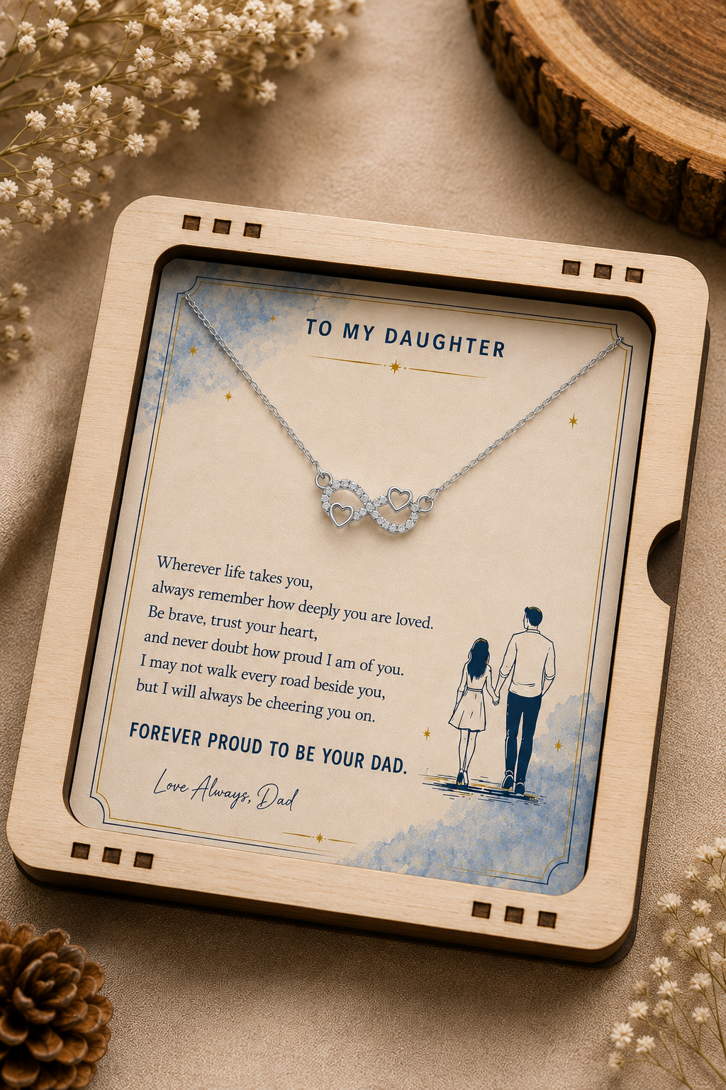 Silver-tone alloy infinity heart necklace featuring two heart details and clear stone accents