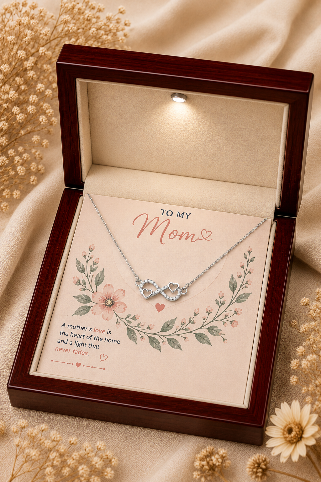 Silver-tone infinity heart necklace in black presentation box for Mom