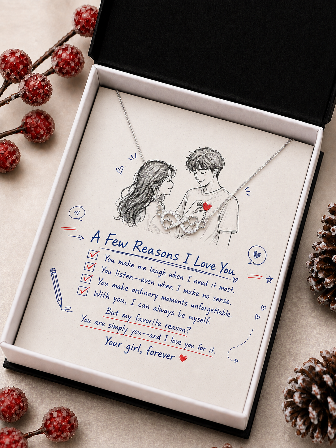 Silver-tone infinity heart necklace with A Few Reasons I Love You card