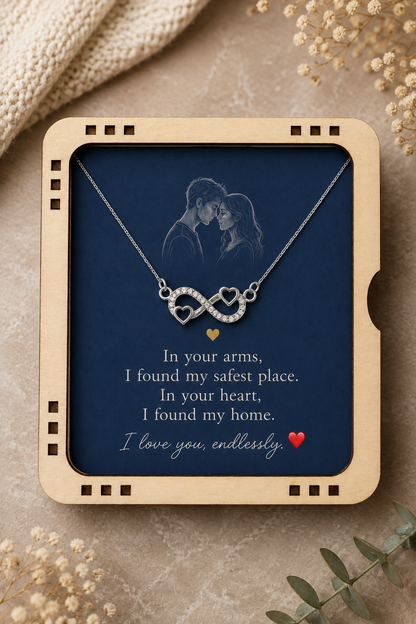 Silver-tone infinity heart necklace with heartfelt love message