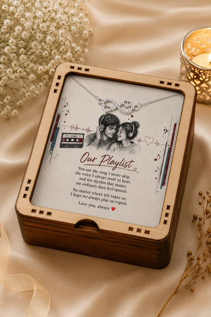 Silver-tone infinity heart necklace with Our Playlist romantic message card