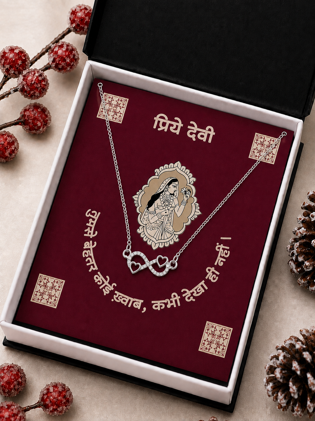 Silver-tone infinity necklace with clear stone accents and burgundy presentation card