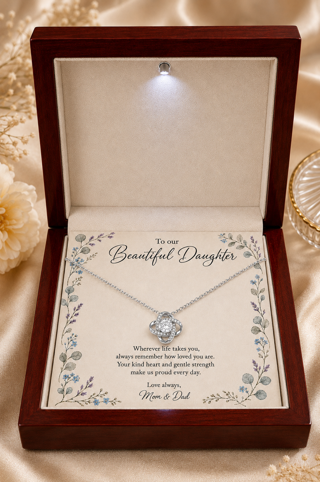 Silver-tone interlocking pendant necklace in gift box for daughter