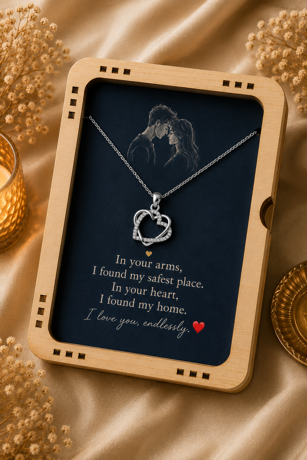 Silver-tone intertwined heart necklace with crystal-style accents and message card