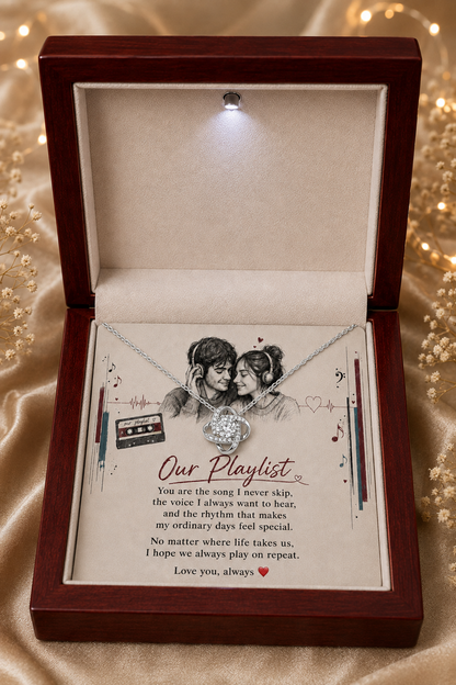Silver-tone romantic necklace presented with Our Playlist love message card