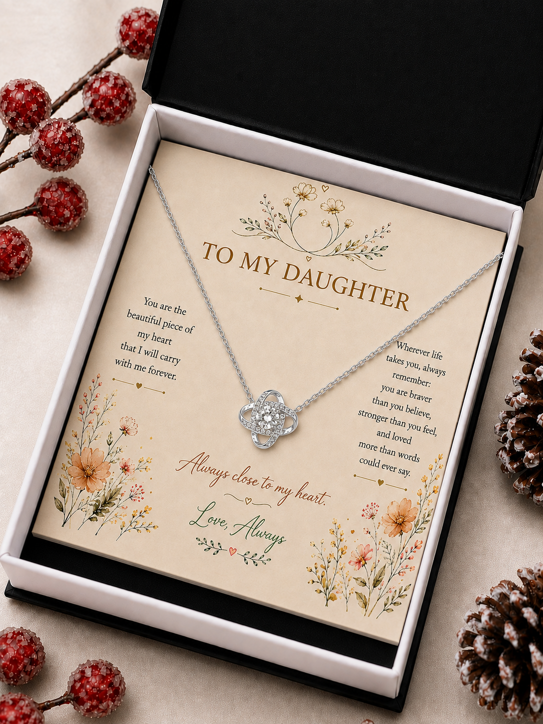 Silver-tone knot pendant necklace in wooden gift box