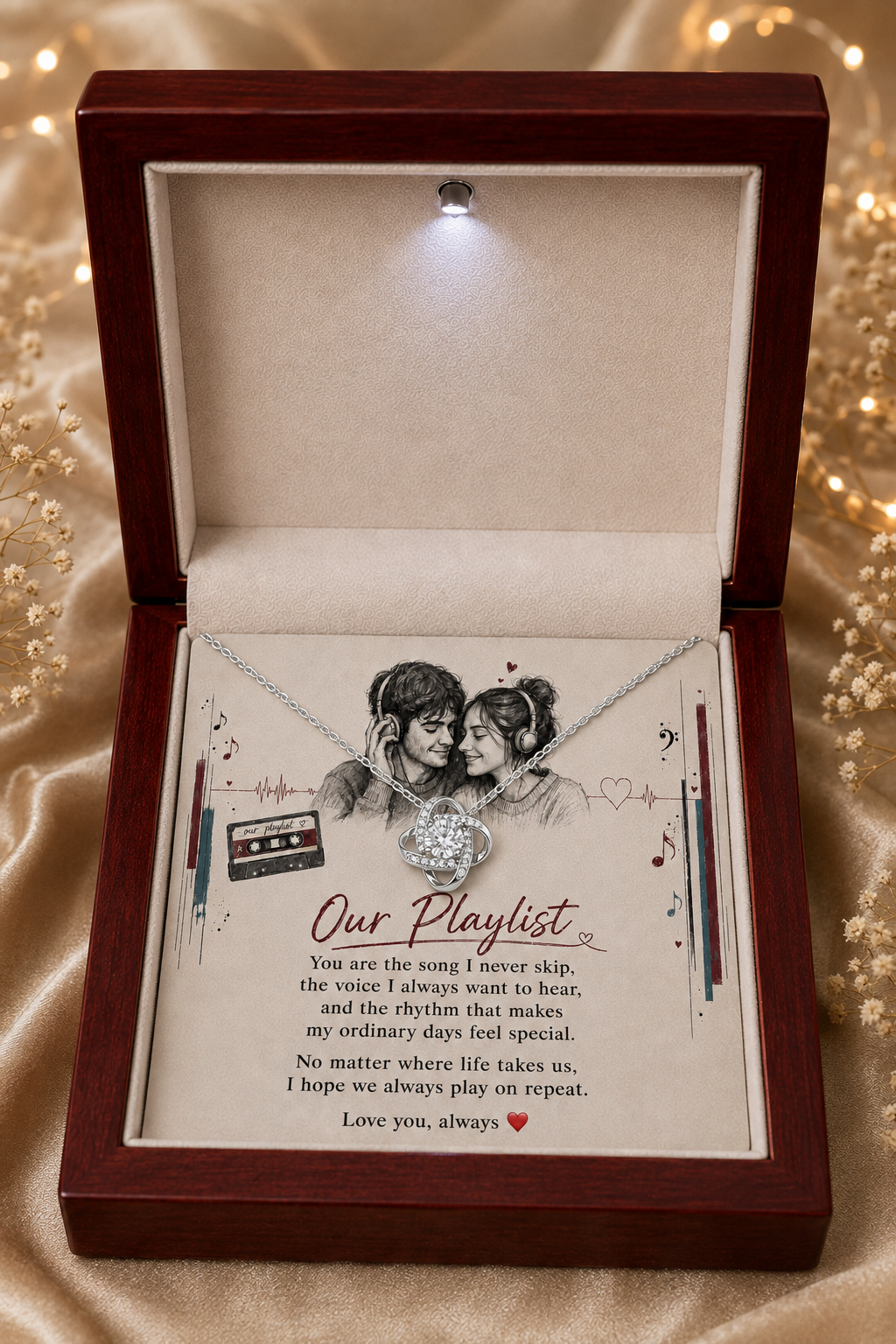 Silver-tone love necklace with music-inspired couple illustration message card