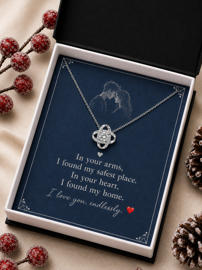 Silver-tone love necklace in wooden presentation box with romantic card