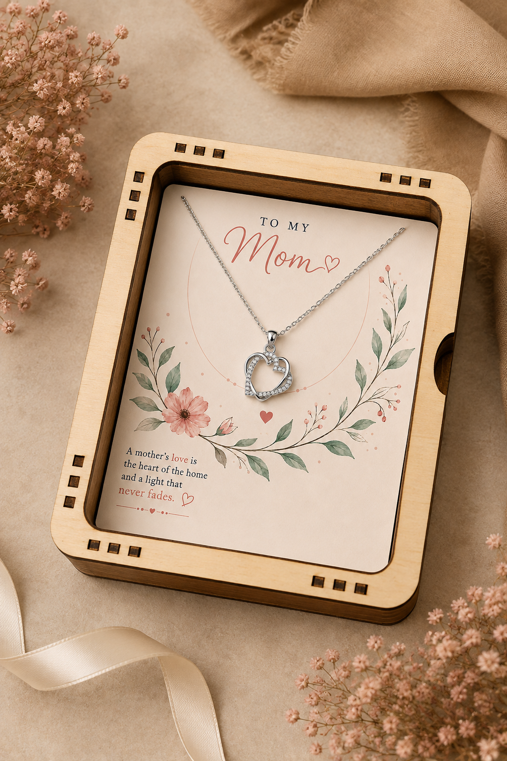 Silver-tone Mom heart necklace displayed on floral gift card