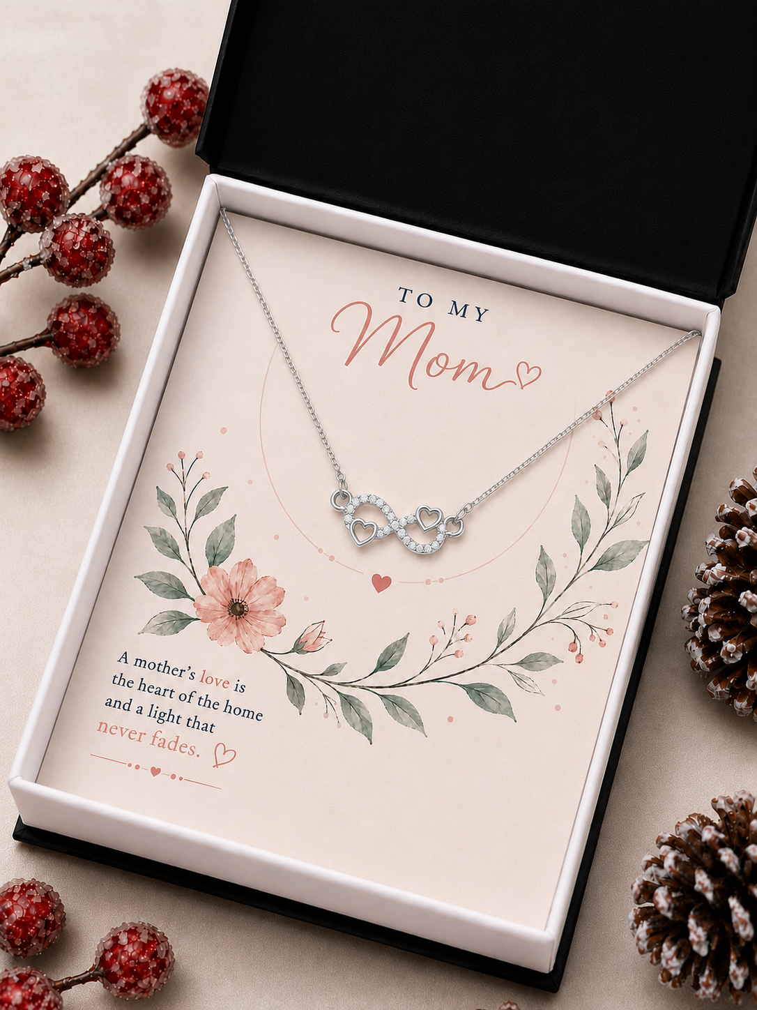Silver-tone Mom necklace with clear stone accents and double heart details