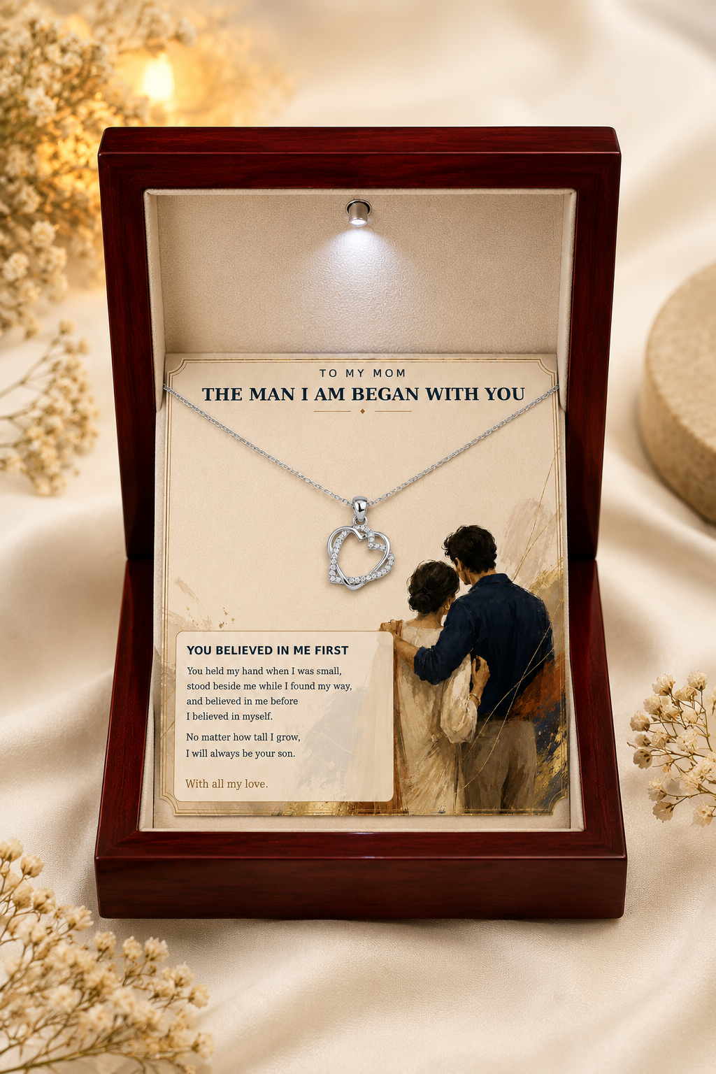 Silver-tone Mom necklace displayed in premium gift box