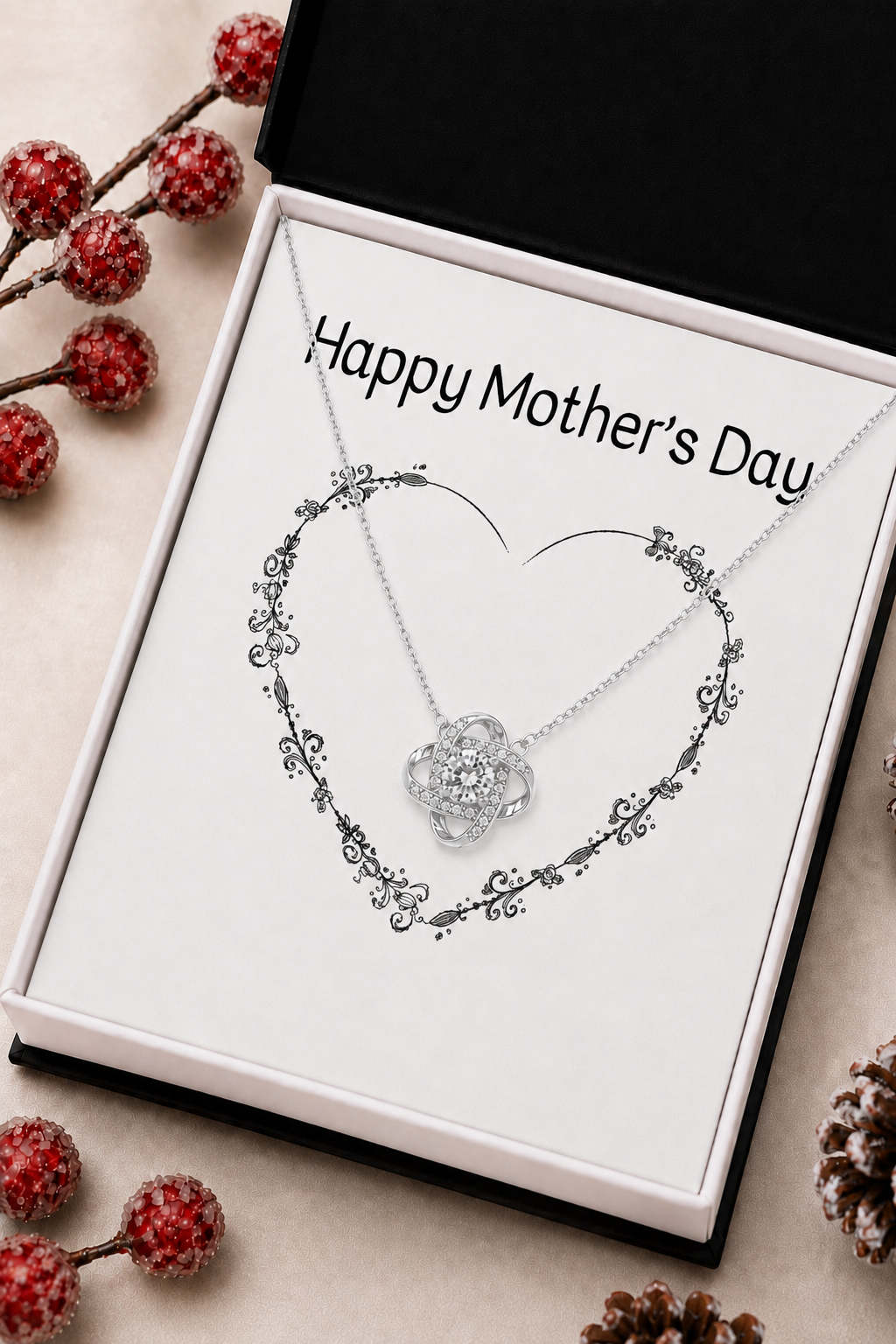 Silver-tone intertwined pendant necklace on Happy Mother’s Day floral heart card