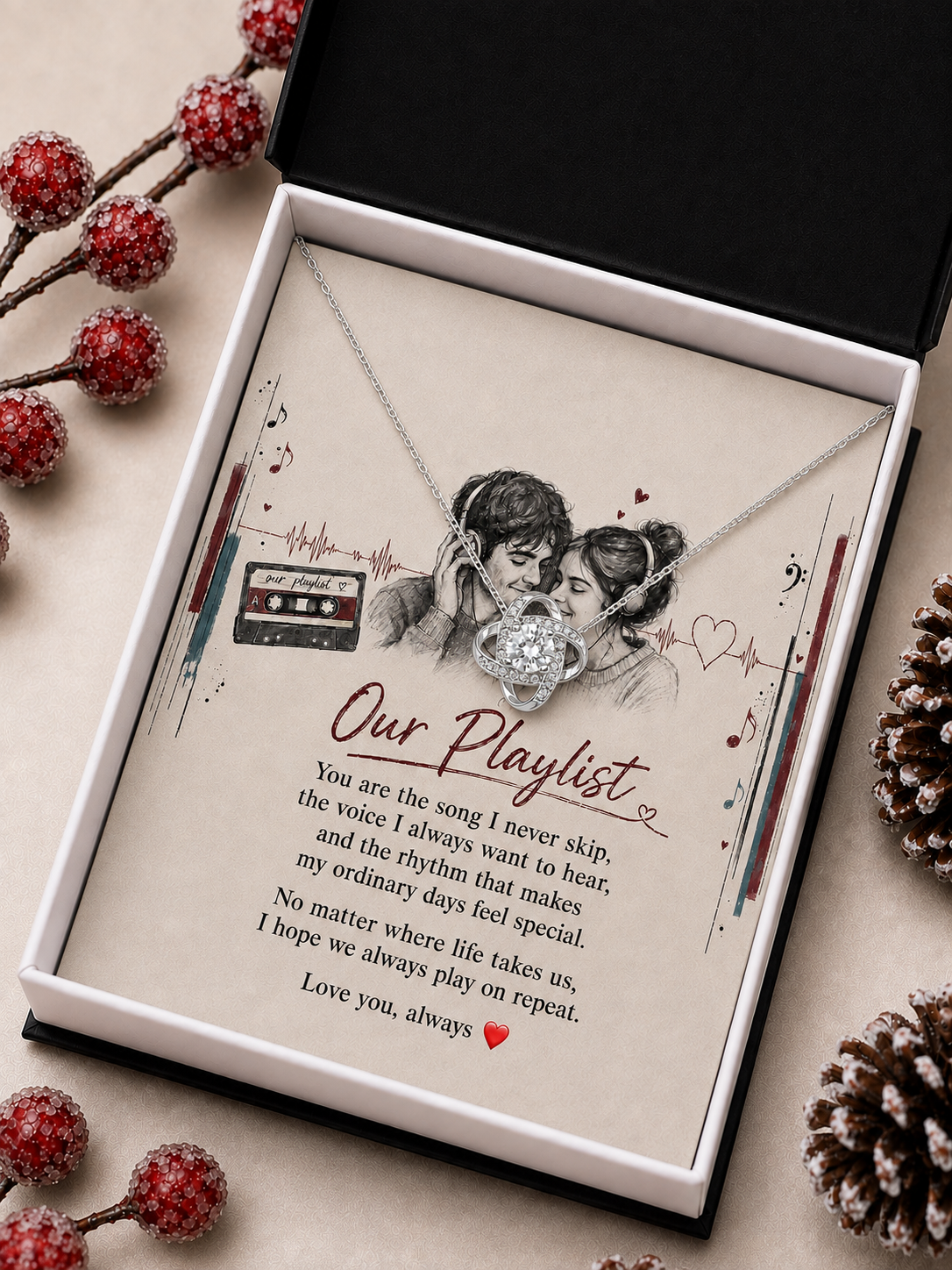 Silver-tone romantic necklace presented in an open black and white jewelry box