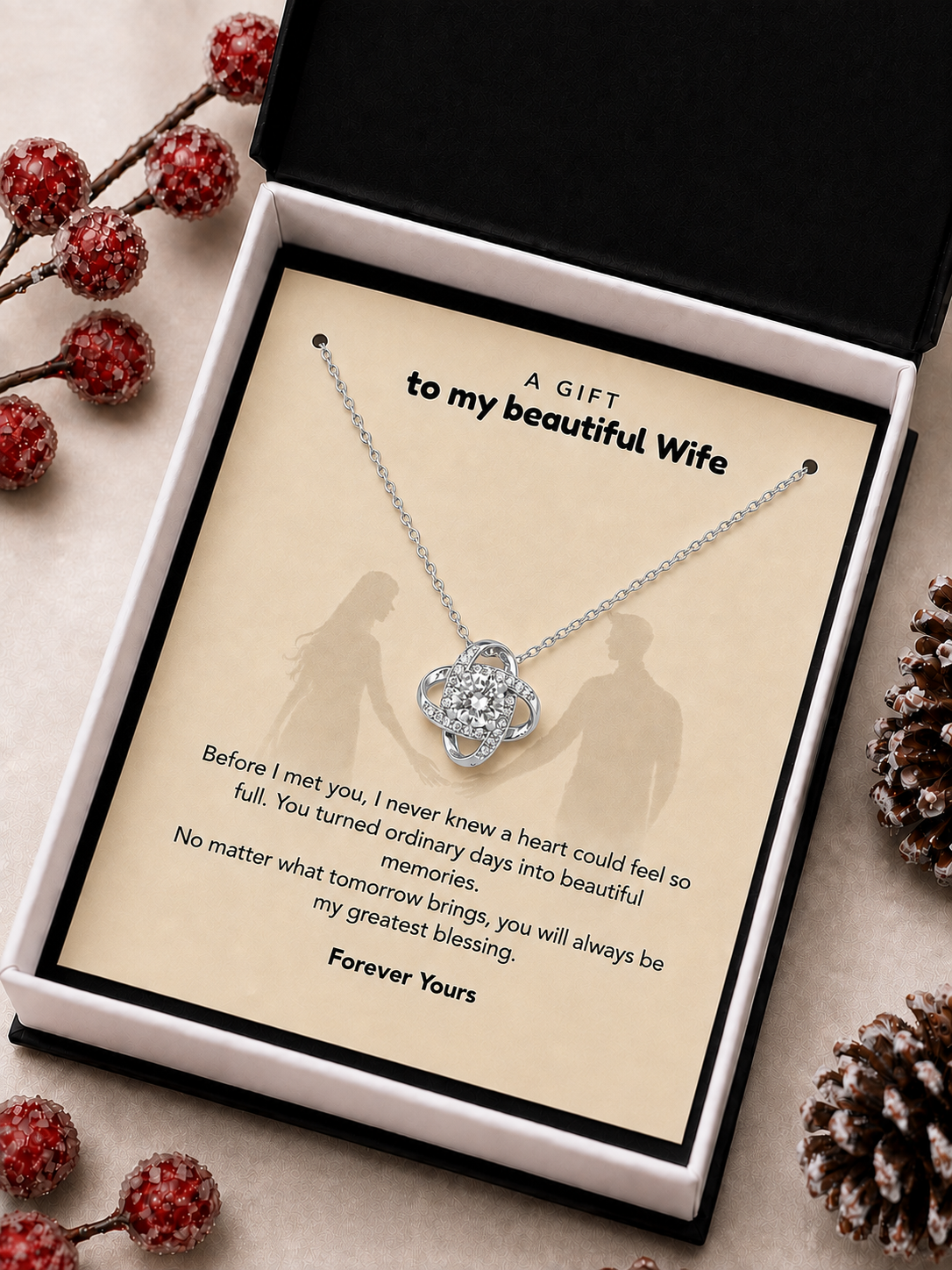 Silver-tone necklace gift for wife with intertwined pendant design