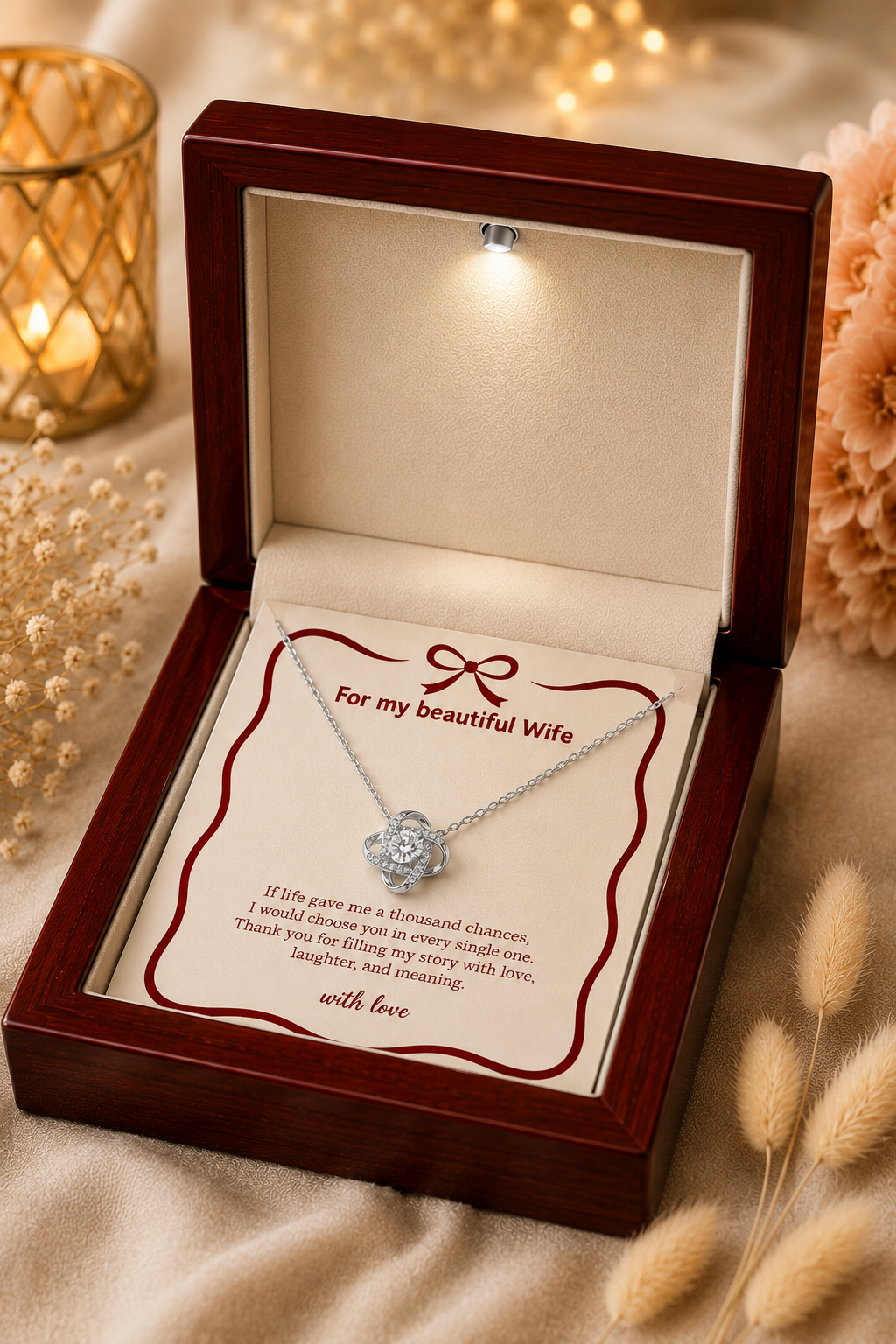 Silver-tone necklace for wife displayed inside an elegant black jewelry box