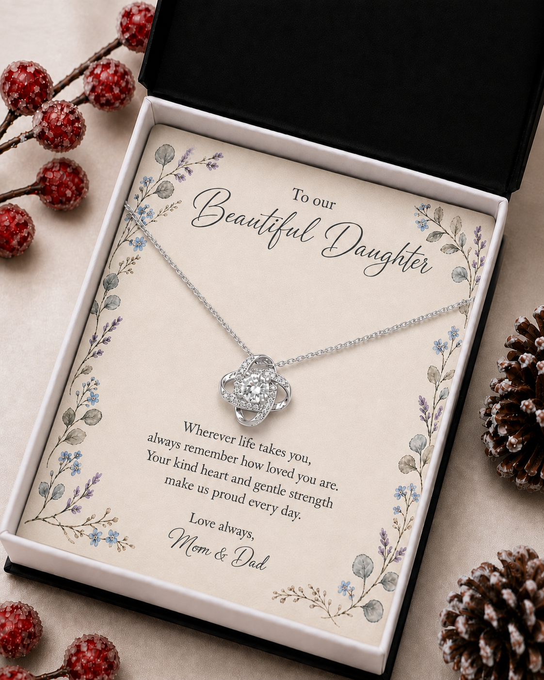 Silver-tone pendant necklace with floral daughter message card
