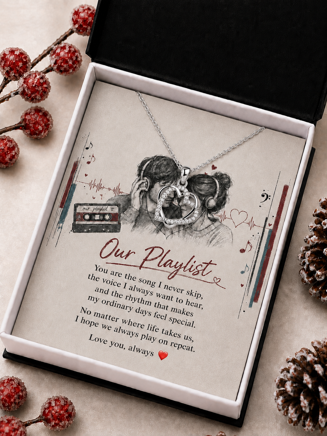 Silver-tone romantic open heart pendant necklace with clear stone-style accents
