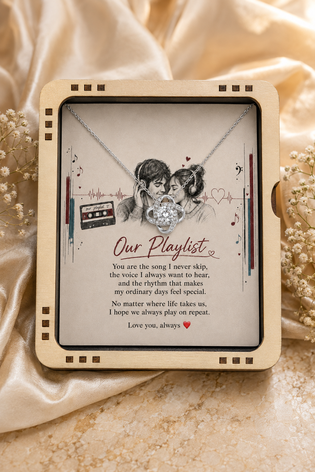 Silver-tone pendant necklace with romantic couple illustration and heartfelt message
