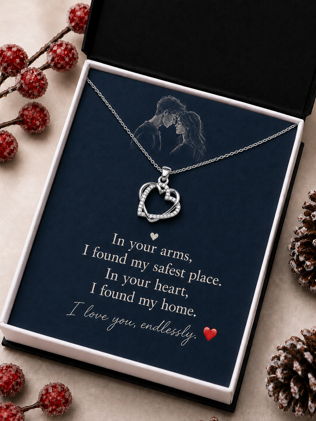 Silver-tone romantic pendant necklace arranged in premium gift presentation