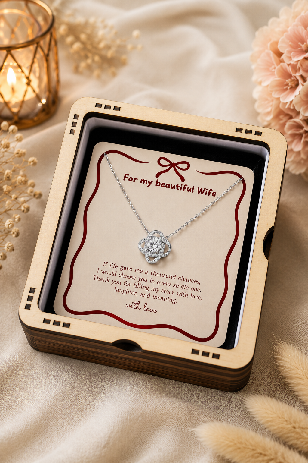 Silver-tone romantic pendant necklace with heartfelt wife message card