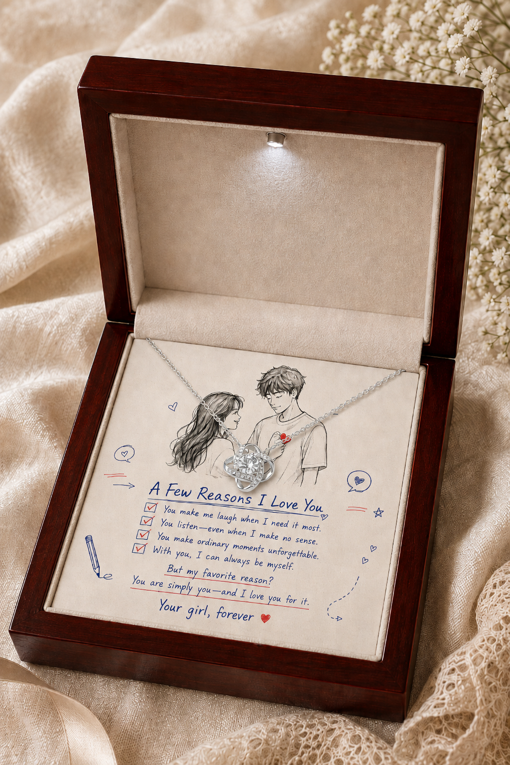 Silver-tone pendant necklace with sparkling clear accents displayed on A Few Reasons I Love You card